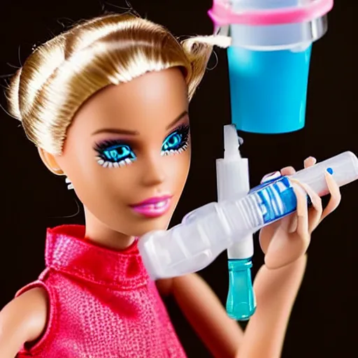 Image similar to barbie doing heroin with a syringe, toilet