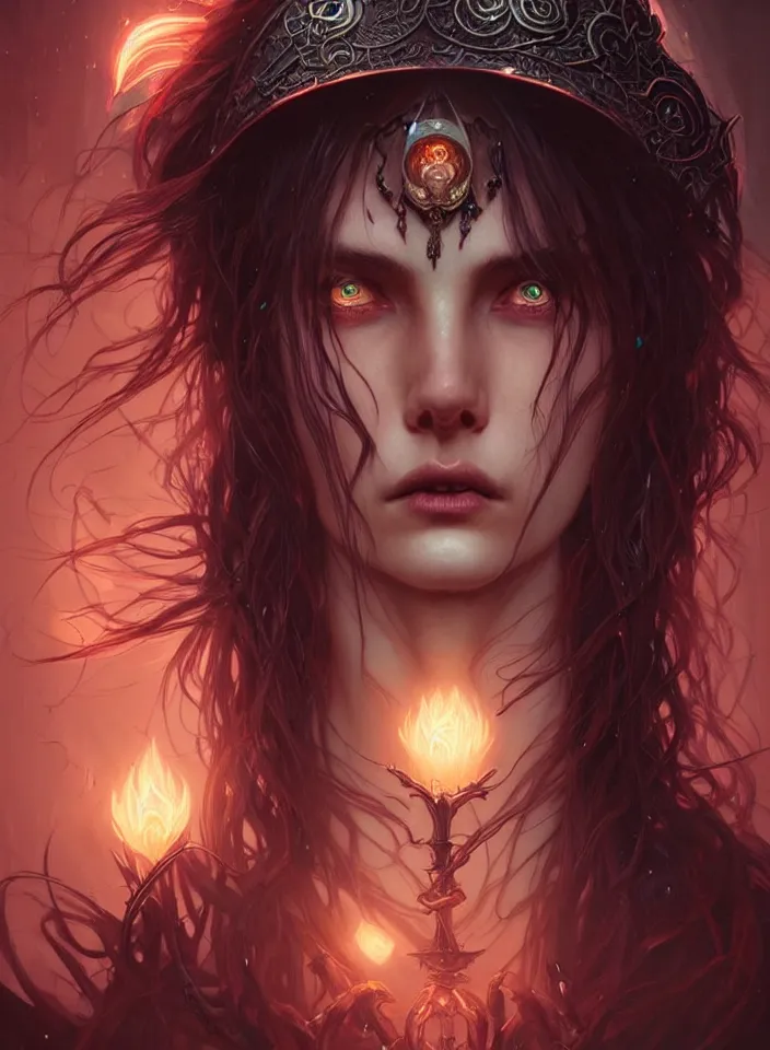 Image similar to Necromancer Sorceress face close-up macro in center, fantasy magic, undercut hairstyle, dark light night, intricate, elegant, sharp focus, illustration, highly detailed, digital painting, concept art, matte, art by WLOP and Artgerm and Greg Rutkowski and Alphonse Mucha, masterpiece