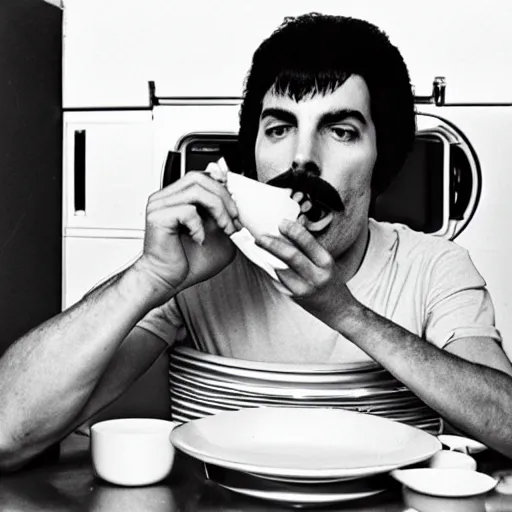 Image similar to Photo of Freddie Mercury eating ramen inside a washing machine, highly-detailed 4K award-winning