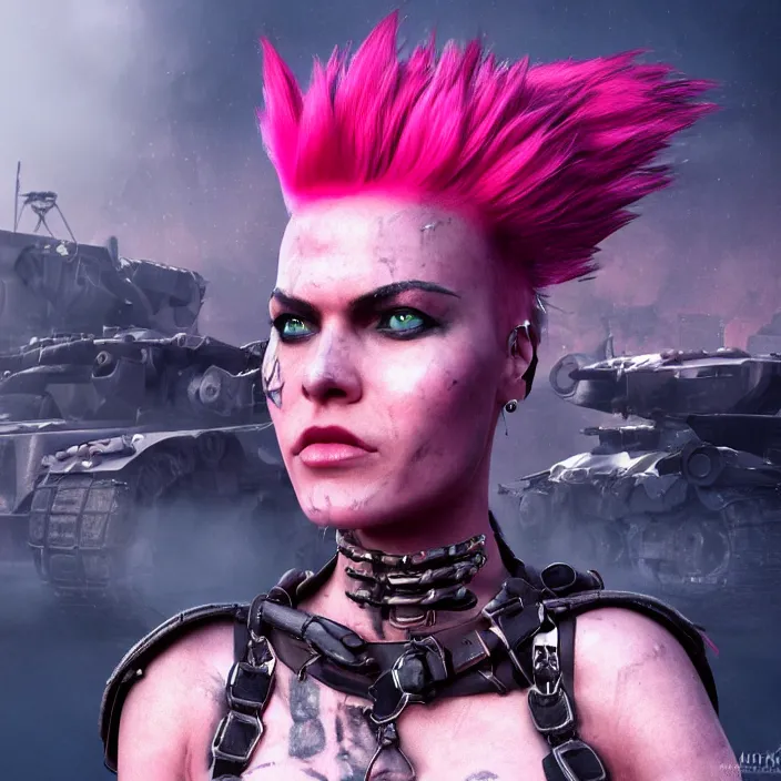 Prompt: beautiful apocalyptic woman with pink Mohawk, mad max panzer tank, 4k ultra hd, fantasy dark art, artstation, octane render