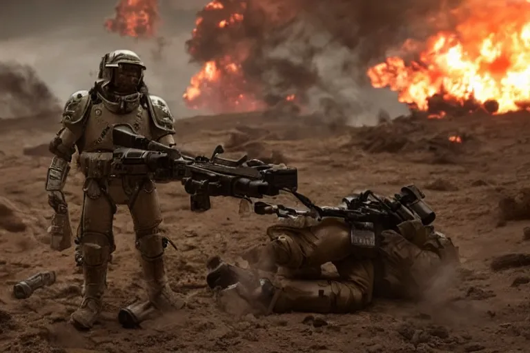 Image similar to VFX movie of a futuristic spacemarine in war zone, shooting gun natural lighting by Emmanuel Lubezki