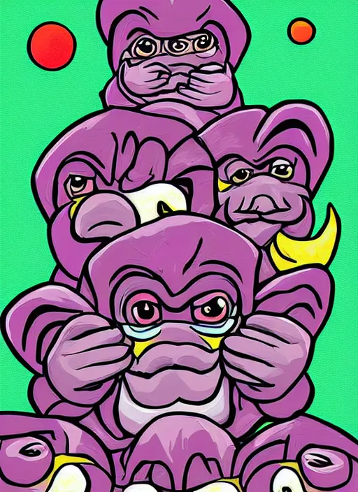 Image similar to digital art illustration of the three wise monkeys, colorful digital art by ralph goings, soft edges, brightly coloured comic book style painting