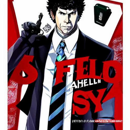 Image similar to will ferrell action portrait in the style of persona 5, atlus video game, video game cover featuring will ferrell, stylized anime art