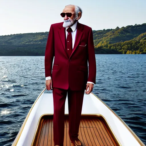 Image similar to wrinkled hunchbacked old man in burgundy suit polishing the side of a gold plated mega yacht