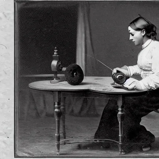 Image similar to an early 1800s photo of someone sitting at a computer making a donut in blender3d