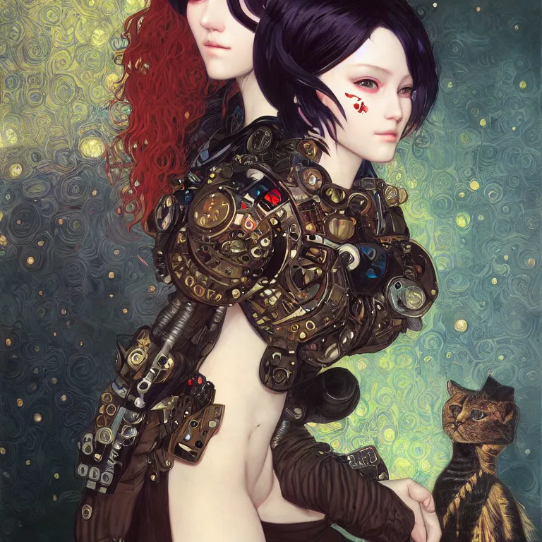 Image similar to portrait of beautiful young cat, cyberpunk, Warhammer, highly detailed, artstation, illustration, art by Gustav Klimt and Range Murata and Ilya Kuvshinov and Sakimichan