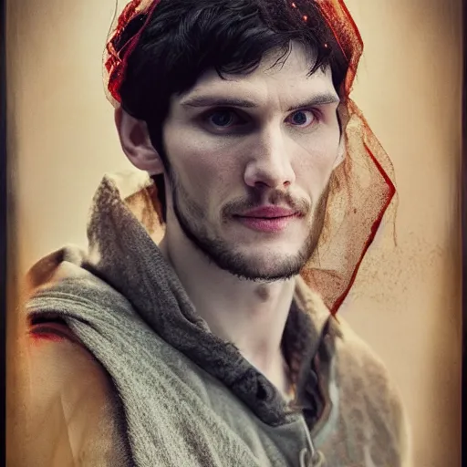 Image similar to colin morgan, handsome portrait, as merlin, hyper real, glow, sapphire blue eyes, 4 k, award winning portrait.