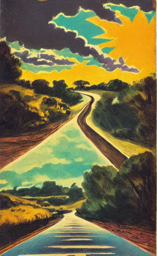 Prompt: paperback book cover. 1 9 5 0 s. pure colors, melting clouds, accurately drawn details, a sunburst above a receding road with the light reflected in furrows and ruts, after rain.