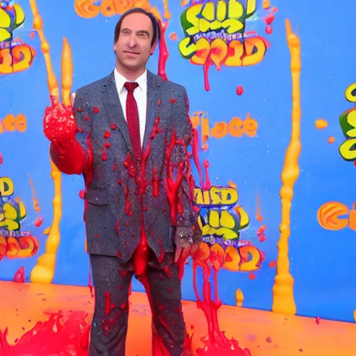 Prompt: Saul Goodman!, covered in slime!!, ((at the Kid Choice Awards)) , professional photography