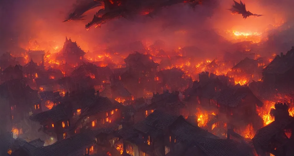 Image similar to book illustration of flying dragon above the village. Burning houses dragon fire breath. Atmospheric beautiful by Eddie mendoza and Craig Mullins. volumetric lights