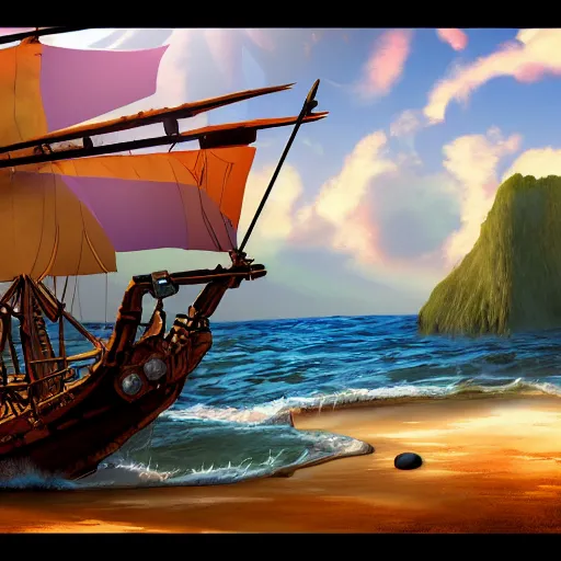 Image similar to a pirate ship near shore, by Bill Tiller, game concept art, colorful