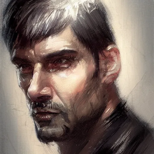 Image similar to Portrait of a man by Greg Rutkowski, he is about 40 years old, short black hair with bangs, his features are a mix between French, Turkish and Russian, expression of helplessness, sadness and resentment, he is wearing a futuristic tactical gear, highly detailed portrait, digital painting, artstation, concept art, smooth, sharp foccus ilustration, Artstation HQ.