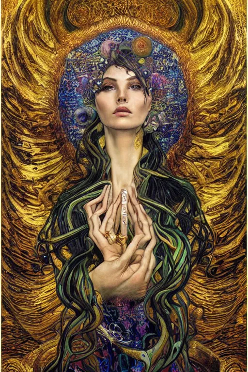 Image similar to Rebirth by Karol Bak, Jean Deville, Gustav Klimt, and Vincent Van Gogh, majestic portrait of a sacred serpent, Surreality, radiant halo, shed iridescent snakeskin, otherworldly, fractal structures, celestial, arcane, ornate gilded medieval icon, third eye, spirals