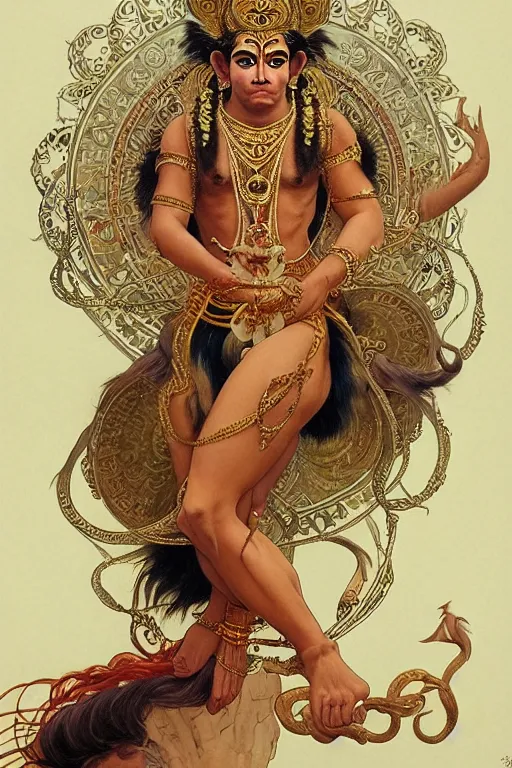 Image similar to a full body portrait of a beautiful ornated hanuman god, leaping pose, hindu stages of meditation, intricate, elegant, highly detailed, digital painting, artstation, concept art, smooth, sharp focus, line art illustration for tattoo, art by krenz cushart and artem demura and alphonse mucha