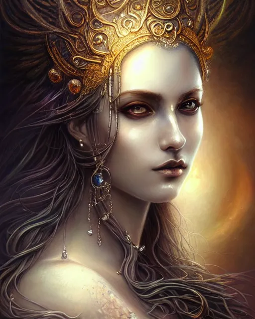Prompt: portrait of a beautiful moon goddess, unusual beauty, esoteric, muted colors, head in focus, fantasy art, ornamental aesthetics intricate, elegant, highly detailed, hyperrealistic painting, artstation, concept art, painterly, sharp focus, illustration, art by lois royo