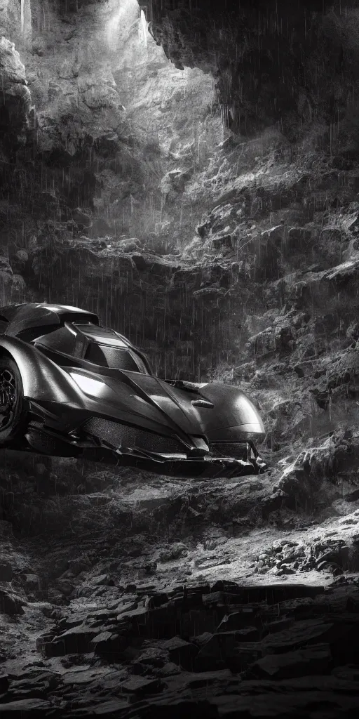 Image similar to the batmobile standing in a very dark and wet cave. highly detailed. intricate. mist. atmospheric. rim light. photorealistic. 8 k. monochrome. rays of light filling the cave. cinematic. matte painting. cinema 4 d. octane render. imagined by ash thorp. ambient occlusion. global illumination.