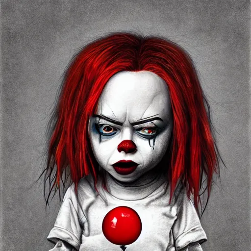 Prompt: surrealism grunge cartoon portrait sketch of billie eilish with a wide smile and a red balloon by - michael karcz, loony toons style, pennywise style, chucky style, horror theme, detailed, elegant, intricate
