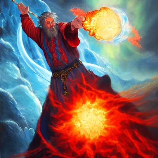 Image similar to Highly detailed oil painting, concept art, of a wizard casting a fireball spell, fighting against a huge ice giant, red and blue color scheme, concept art, highly detailed.