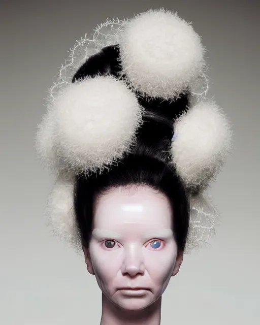 Image similar to portrait of a woman wearing a white embroidered translucent silicone mask and white pink frizzy hair buns, wearing a black bodysuit by alexander mcqueen, cream white background, soft diffused light, biotechnology, humanoide robot, bjork aesthetic, translucent, by rineke dijkstra, intricate details, highly detailed, masterpiece,