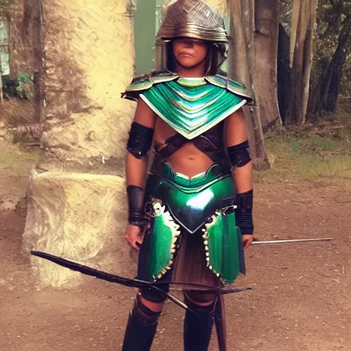 Image similar to full shot photo of a female warrior with malachite armor