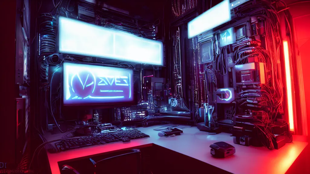 Image similar to a cyberpunk overpowered computer. Overclocking, watercooling, custom computer, cyber, mat black metal, alienware, futuristic design, desktop computer, desk, home office, whole room, minimalist, Beautiful dramatic dark moody tones and lighting, orange neon, Ultra realistic details, cinematic atmosphere, studio lighting, shadows, dark background, dimmed lights, industrial architecture, Octane render, realistic 3D, photorealistic rendering, 8K, 4K, nebula, galactic, space, Cyborg R.A.T 7, Republic of Gamer, computer setup, highly detailed