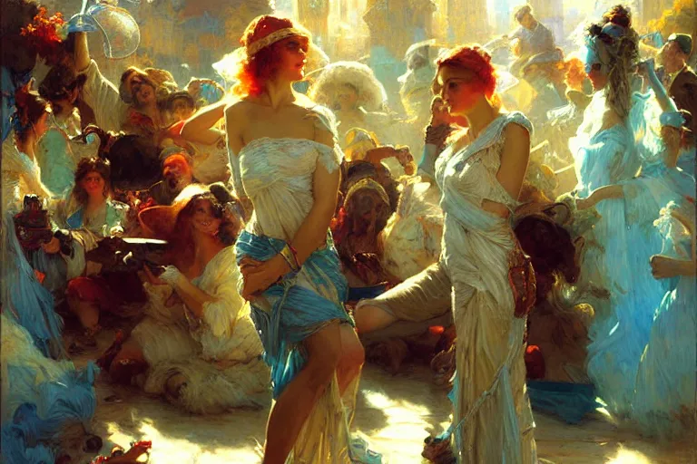 Prompt: techno party, vibrant colors and hard shadows and strong rim light, light blue sky, cool white color temperature, painting by gaston bussiere, craig mullins, j. c. leyendecker