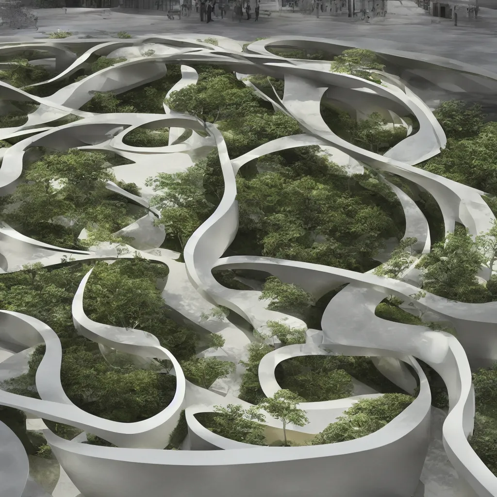 Prompt: “ an incredibly smooth curvilinear architectural sculpture, unfolding continuous golden surfaces enclose a visually interesting japanese zen garden designed by zaha hadid, architecture render ”