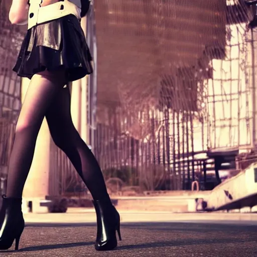 Image similar to a dynamic, epic cinematic 8K HD movie shot of a japanese young J-Pop idol girl wearing leather jacket, miniskirt, nylon tights and high heels boots. Motion, VFX, Inspirational arthouse