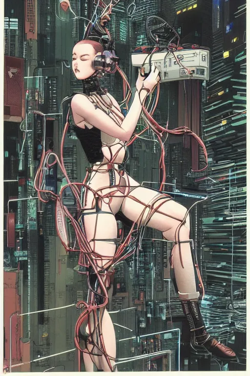 Image similar to a perfect cyberpunk illustration of a female android seated on the floor in a tech labor, seen from the side with her body open showing cables and wires coming out, by masamune shirow, hajime sorayama and katsuhiro otomo, japan, 1980s, dark, colorful