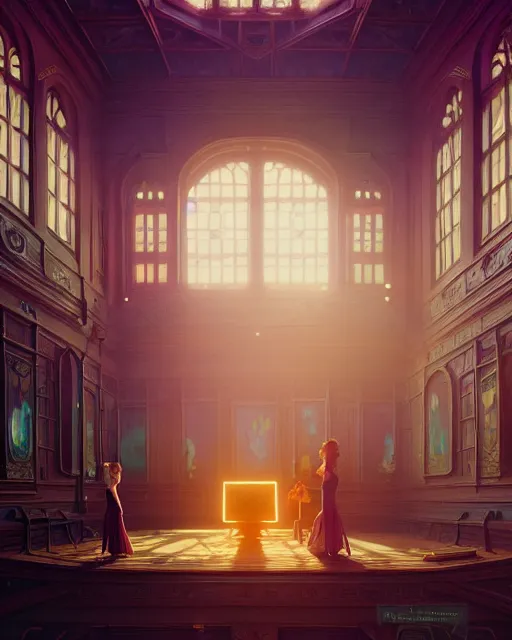 Prompt: highly detailed surreal vfx great hall, stephen bliss, unreal engine, greg rutkowski, loish, rhads, beeple, makoto shinkai and lois van baarle, ilya kuvshinov, rossdraws, tom bagshaw, alphonse mucha, global illumination, detailed and intricate environment