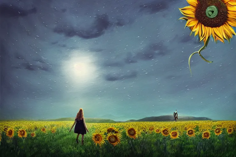 Prompt: giant sunflower as a head, girl walking in daisy field, hills, surreal photography, dark night, star trails, dramatic light, impressionist painting, clouds, digital painting, artstation, simon stalenhag