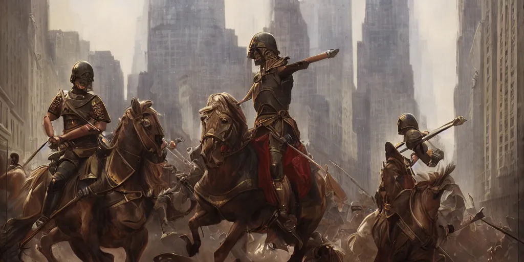 Prompt: Roman Empire legionary invading modern day New York City by Charlie Bowater and Pierre Auguste Cot