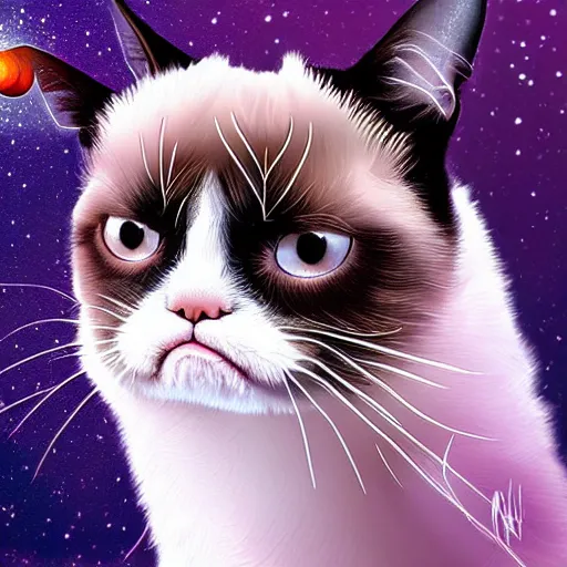 Image similar to grumpy cat's adventures in space, digital painting, trending on artstation, 4 k resolution, highly detailed