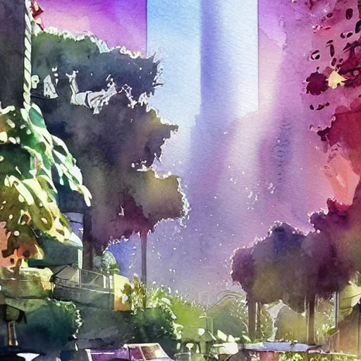 Image similar to Beautiful happy picturesque charming sci-fi town in harmony with nature. Beautiful light. Water and plants. Nice colour scheme, soft warm colour. Beautiful artistic watercolor by Lurid. (2022)