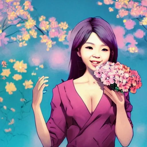 Image similar to portrait of sunny from kpop, smiling with flowers in hands. sharp focus, cinematic pose, cinematic lighting, unreal engine render. art by josan gonzales and moebius and deathburger.