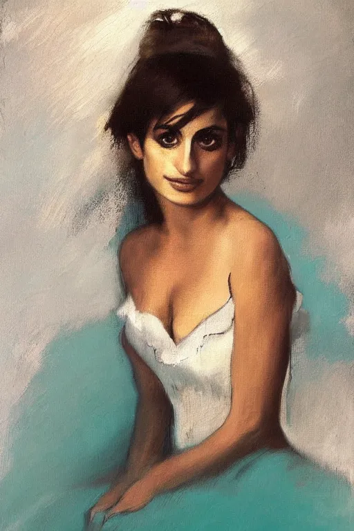 Image similar to oil painting, portrait of penelope cruz, artwork by edgar degas