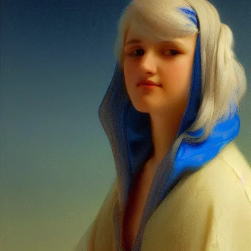 Image similar to a young woman's face, her hair is white and she wears a cobalt blue satin cloak, by ivan aivazovsky and syd mead and moebius and gaston bussiere and roger dean and pieter claesz and paul delaroche and alma tadema and aelbert cuyp, hyperrealistic, volumetric light, octane render