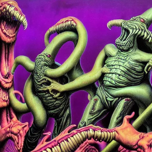 Prompt: thrash metal album cover in the style of wayne barlowe and kenny scharf and mark arian, realistic, insanely detailed, soft, smooth, airbrush, play-doh