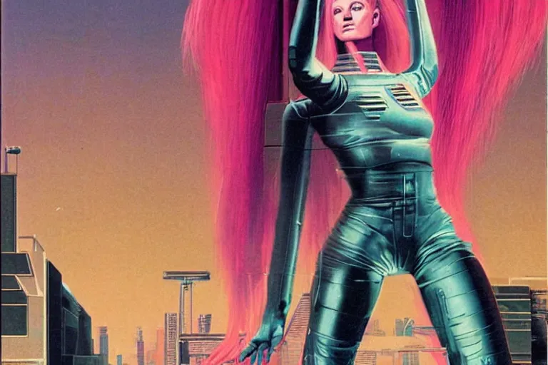 Image similar to 1979 OMNI Magazine Cover of android with shiny Chrome face with Pink hair. neo-Tokyo streets behind her. in cyberpunk style by Vincent Di Fate