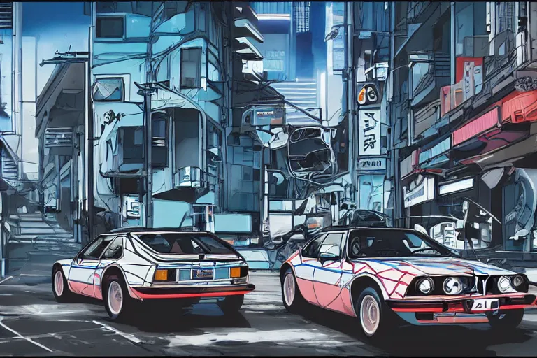 Image similar to 1975 BMW M1 Stratos, city in anime cyberpunk style by Hayao Miyazaki