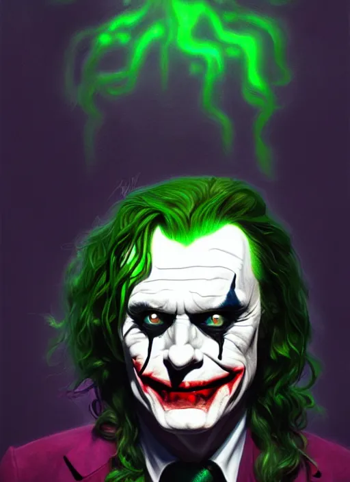 Prompt: portrait of tommy wiseau as the joker, green hair, intricate, elegant, glowing lights, highly detailed, digital painting, artstation, concept art, sharp focus, illustration, art by wlop, mars ravelo and greg rutkowski