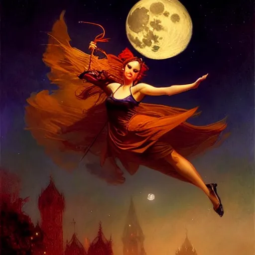 Image similar to attractive witch magically flying trough the night, fantasy, full moon in background. highly detailed painting by gaston bussiere, craig mullins, j. c. leyendecker 8 k