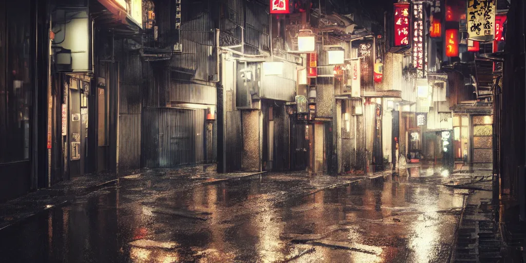 Image similar to quiet tokyo alley at night, raining, dim volumetric lighting, 8 k octane render, hdr, hyper realistic, hyperdetailed, epic composition, cinematic lighting, masterpiece, street photography