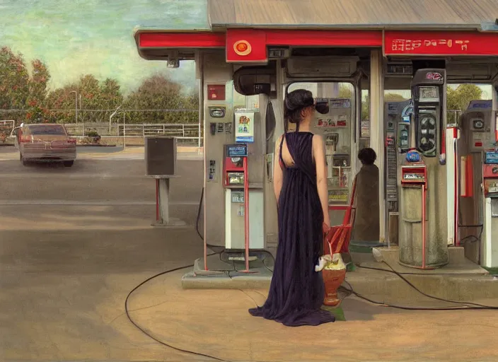 Prompt: people exterior gas station in the style of jeremy enecio, intricate, miles johnston, monet, cynical realism, john william godward, painterly, yoshitaka amano, miles johnston, louise zhang, pekka halonen, finnish naturalism, realism