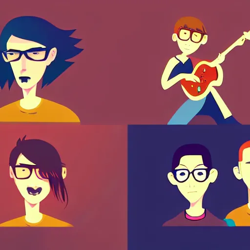 Image similar to 2 d character design, music group, vector art, digital art, portrait, 4 k, 8 k, sharp focus, smooth, illustration, concept art, rock band