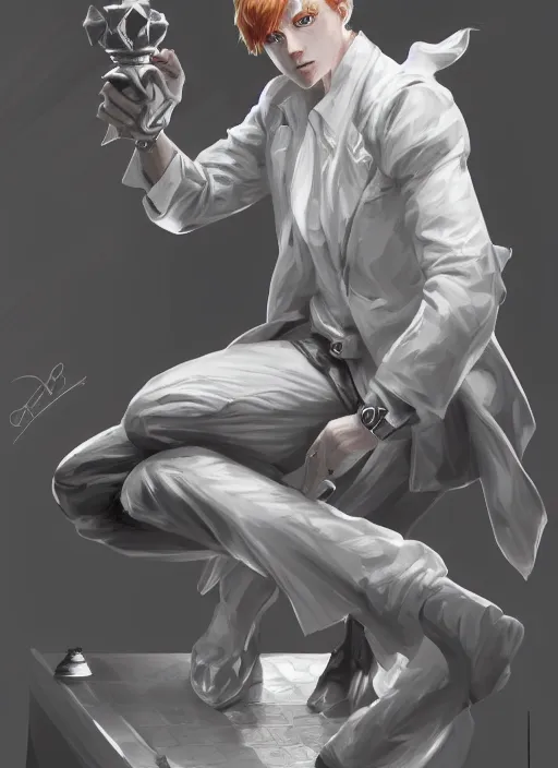 Prompt: a highly detailed illustration of short ginger haired man wearing white suit, dramatic holding chess piece pose, intricate, elegant, highly detailed, centered, digital painting, artstation, concept art, smooth, sharp focus, league of legends concept art, WLOP