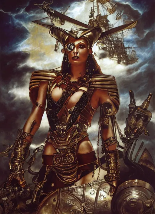 Prompt: dynamic! middle portrait of a biblical diabolical pirate female pharaoh, stylish cyborg armor, on a pirate ship, in clouds, strong studio lights, thunder, storm, sunset, by gerald brom, by mikhail vrubel, by peter elson, high contrast, muted colors, extreme detail, mirrors, trending on artstation, 8 k