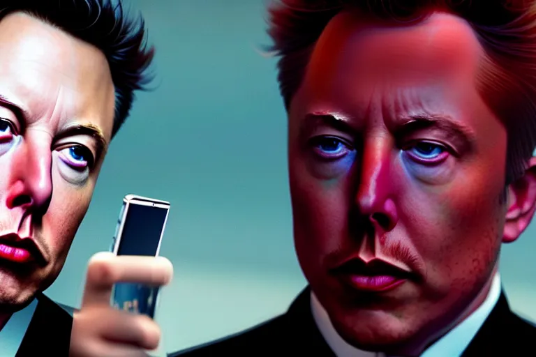 Image similar to hyperrealism aesthetic ridley scott and denis villeneuve style photography of a detailed hyperrealism elon musk, siting on a detailed hyperrealism toilet and scrolling his detailed smartphone in hyperrealism scene from detailed art house movie in style of alejandro jodorowsky and wes anderson volumetric ambient light