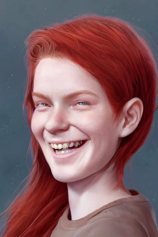 Image similar to ultra realistic style illustration of a cute red haired old teen smiling, 1 9 year old, headshot, sci - fi, fantasy, intricate, elegant, digital painting, artstation, concept art, smooth, sharp focus, illustration, 8 k frostbite 3 engine, ultra detailed, art by artgerm and greg rutkowski and magali villeneuve