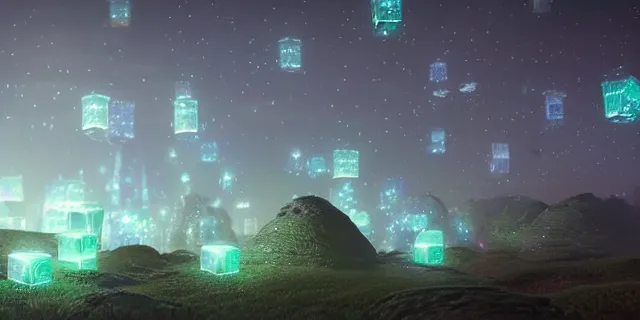 Image similar to a beautiful network of glowing cubes appears in the sky above a fantasy landscape, atmospheric lighting, intricate, volumetric lighting, beautiful, sharp focus, ultra detailed, in the art style of bowater charlie, brom gerald, astrophotography, rendered in cinema 4 d, quantum wavetracing, rendered in maya